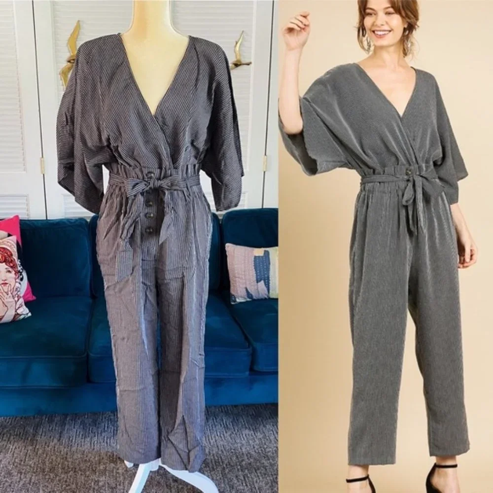 Umgee | Carmen Pinstripe Jumpsuit Paperbag Wide Sleeve Charcoal Black New Medium - Picture 1 of 15